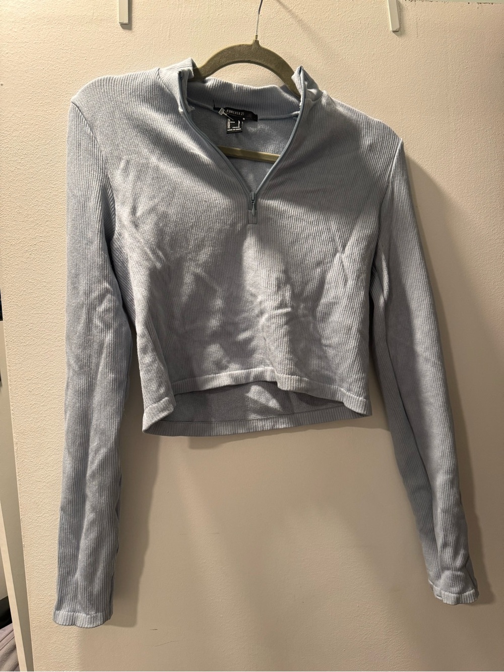 Cropped Ribbed Half-Zip Top in Light Blue